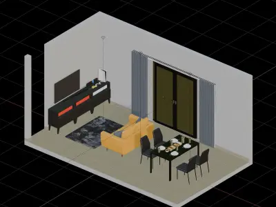 Isometric Living Dining Room With Yellow Sofa 3D model