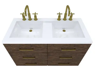 Vanity bathroom with two sinks and brass faucets 3D model