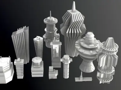 Sci-Fi Kitbash Low-poly 13 buildings Low-poly 3D model