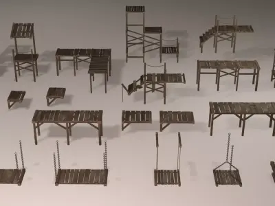 Wooden platforms modular collection Low-poly 3D model