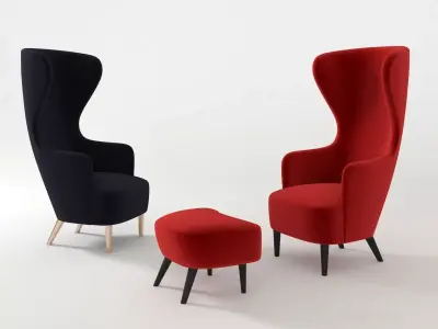 Wingback three chairs and footstool 3D model