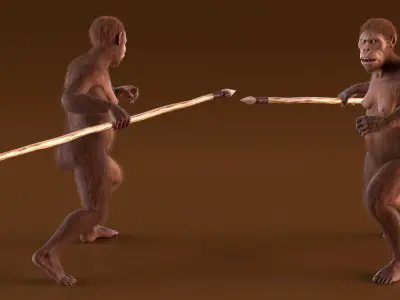  Prehistoric Hominid with Wooden Spear Fur for Maya 