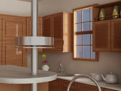 Kitchen with wooden cabinets and bar stools 3D model