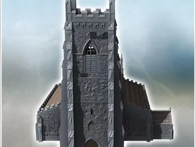 Christian church with square front Gothic tower and side annexes 3D print model