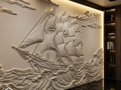 Modern Nautical Relief Panel Wall Decor Set STL Mural CNC 346 3D model