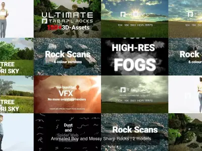 Animated Boy and Mossy Sharp Rocks 3D Model Pack