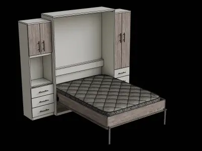 White Cabinet Light Brown Wood Wall Bed Opened Low-poly 3D model
