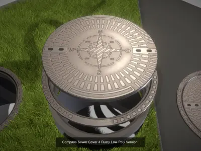 Compass Sewer Cover 4 Rusty Low and High-Poly Versions 3D Model Pack