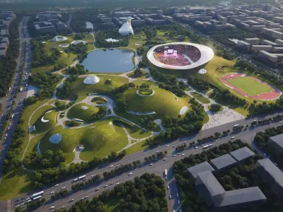 Futuristic Sports Park with Green Hills and Open Stadium 3D model