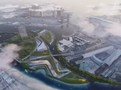 Mixed use urban design animated with 3d grass 3D model