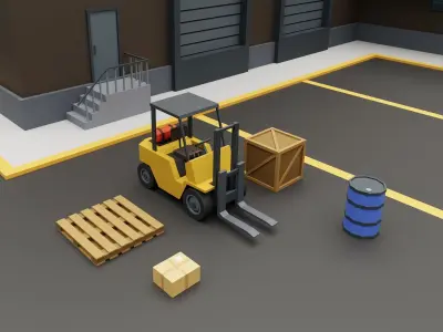 Warehouse Logistics building with forklift and props Low-poly 3D model