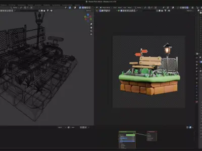 Cartoon Park Bench Street Lamp 3D Model Set - Game Asset 3D model