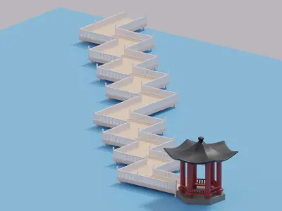 Cartoon Chinese Nine-turn bridge and Pavilion 3D model