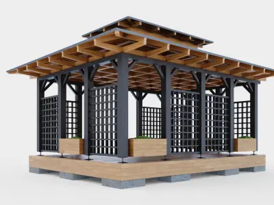 Wooden gazebo with decorative lathing 3D model