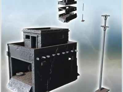 Modern flat-roofed building with indoor garage and electrical po 3D print model