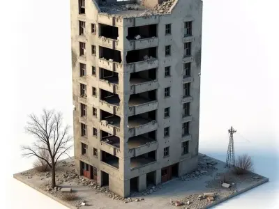 War Torn Apartment Building 3D Model Urban Ruin Low-poly 3D model