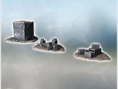 Crates and wrapped supplies grouped on rubble-strewn ground some 3D print model