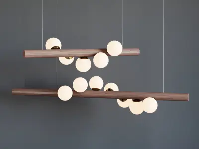 Chandelier pendant light with balls hanging from wooden rods 3D model