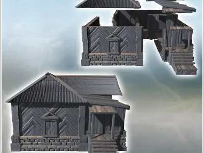 Large wooden building with a stone foundation steps leading to t 3D print model