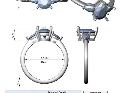 Pear Cut Three Stone Diamond Ring 3DM STL 3D print model