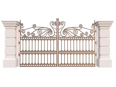 Classic Brown Wrought Iron Entrance Gate 3D Model Stone Columns Low-poly 3D model