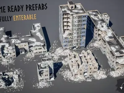 Modular Destroyed Buildings Low-poly 3D model