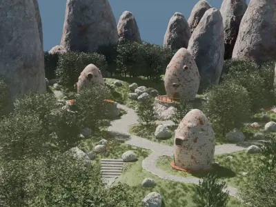 Whimsical Village Landscape Environment Low-poly 3D model