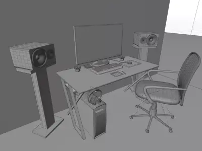 Isometric Office Workspace with PC and Accessories 3D model