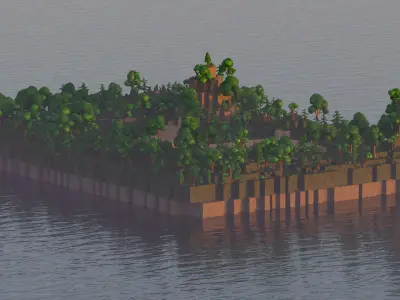 Low-poly Island in water with sun setting behind it 3D model