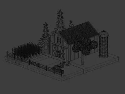Farm with barn and trees Low-poly 3D model
