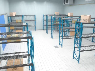  Cold Logistics Zone with Steel Shelves and Blue Wall Door 
