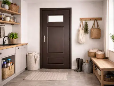 Dark Wood Interior Door with Upper Frosted Glass Panel Low-poly 3D model