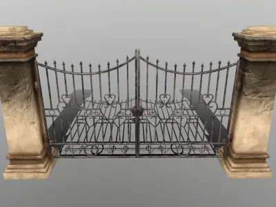 WALL SET stone with iron railings Low-poly 3D model