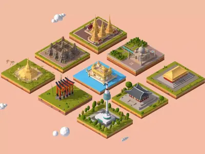 Cartoon Low Poly Asia Landmarks Pack Low-poly 3D model