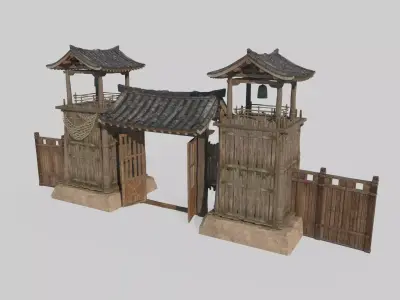 Gate level of ancient Asian architecture 3D model