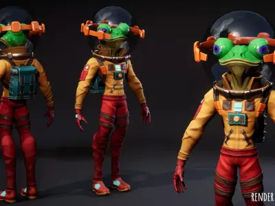 Game Ready Stylized Alien Frog Astronaut PBR UE Unity Low-poly 3D model