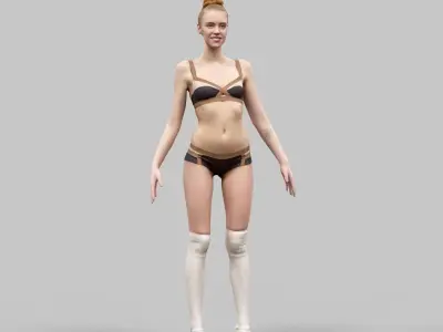 Girl in Brown Beige Bikini and Fluffy Boots Rigged Low-poly 3D model