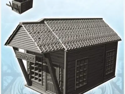 Medieval wooden armory with tiled roof and large entrance canopy 3D print model