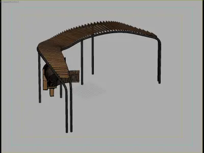 Curved Wood and Metal Pavilion with Bench Seating 3D model