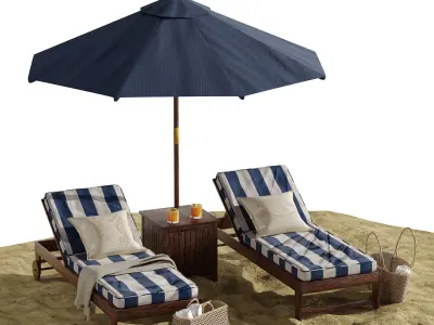 Beach umbrella and chaise longue set 7 3D model