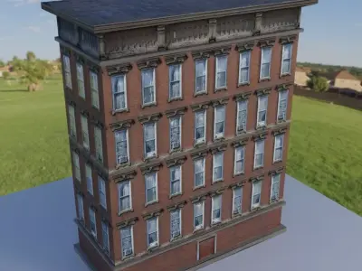 Building brick in middle of grassy field Low-poly 3D model