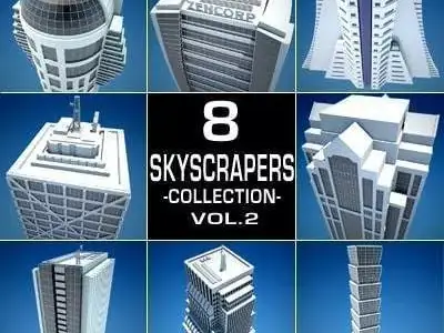 8 Skyscrapers 2 tall building with logo on top 3D model