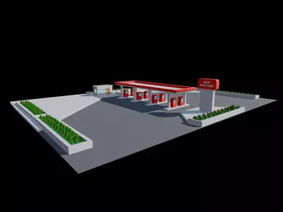 Stylized Gas Station Environment with Fuel Pumps and Canopy Low-poly 3D model