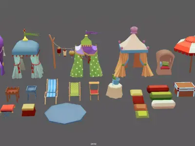 Stylized Cartoon Beach Tents set Low-poly 3D model