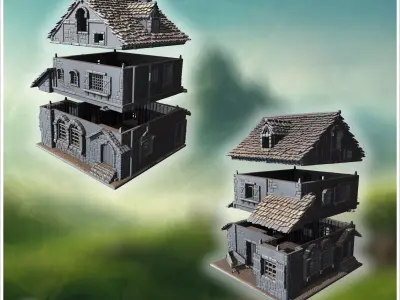 Square medieval house with symmetrical windows wooden shutters a 3D print model