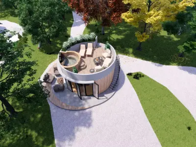 glamping pod with fireplace and hot tube on roof top Low-poly 3D model