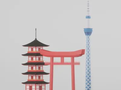 Model of Japanese Pagoda Temple gate and modern Tower 3D model