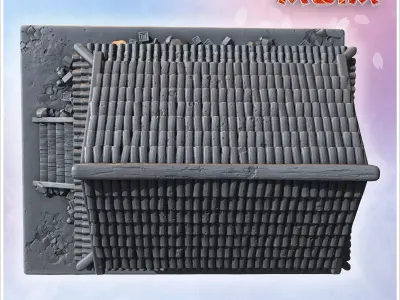 Two-story wooden Japanese house with tiled roof balcony and ston 3D print model