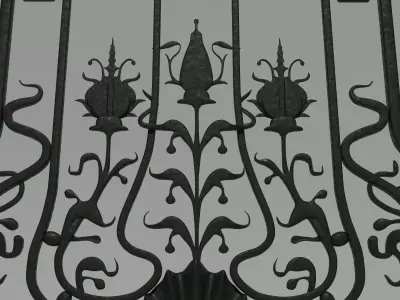 Art Nouveau Ornamental Wrought Iron Gate with Marble Pillars 3D model