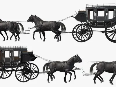  Four Black Horses Harness with Stagecoach 